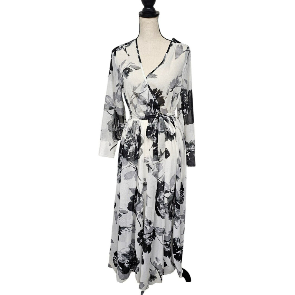 Alexa B Nites White Floral Maxi Dress Size 6 Long Sleeve Flowy Metallic Boho